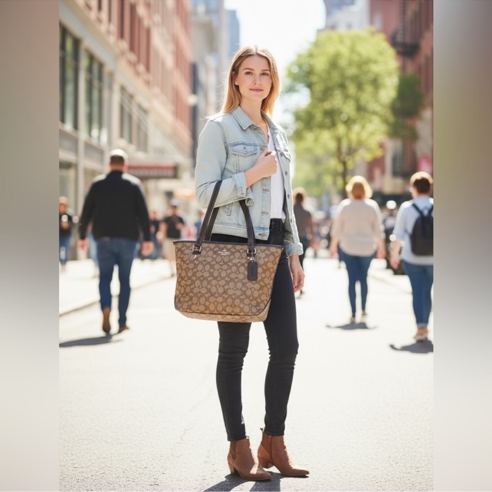 Coach Outline Signature Zip Top Tote bag features a classic khaki